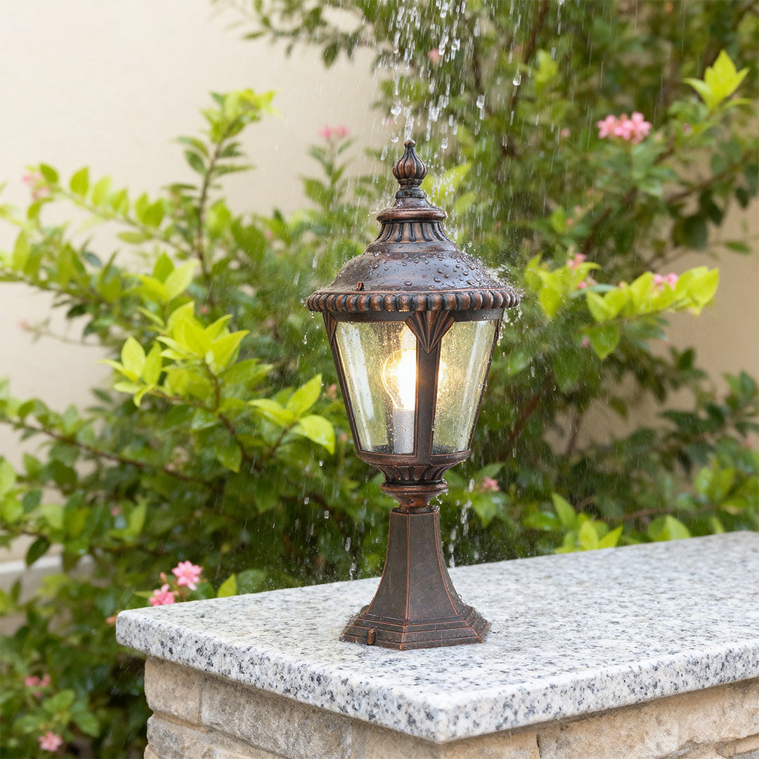 Vintage Outdoor Pillar Light — Sand-Black Aluminum and Glass, 9W E27, IP44 Weatherproof