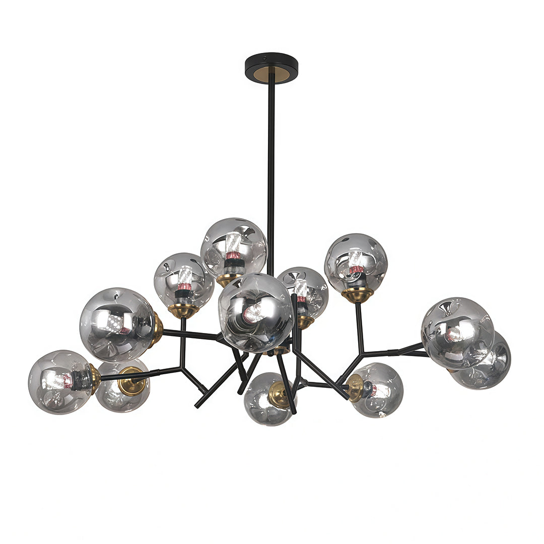 Glass Globe Chandelier — Black Iron, 12-Light E27, 144W, Adjustable Hanging Rod, 35.43" Wide