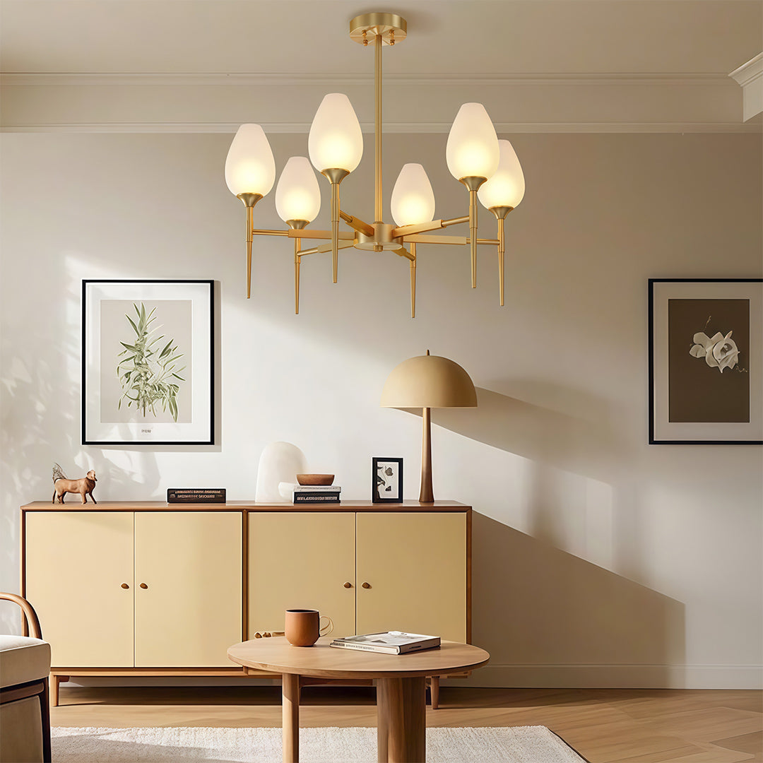 Minimalist Glass Chandelier — Brass Frame, Transparent Glass Shades, G9, 4-, 6-, or 8-Light