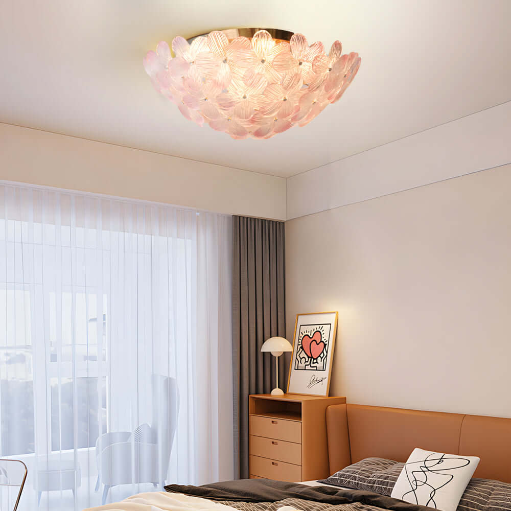 French Petal Glass Semi Flush-Mount — Iron Body, E14, 6-Light or 9-Light, Pink / Blue / Mint Green