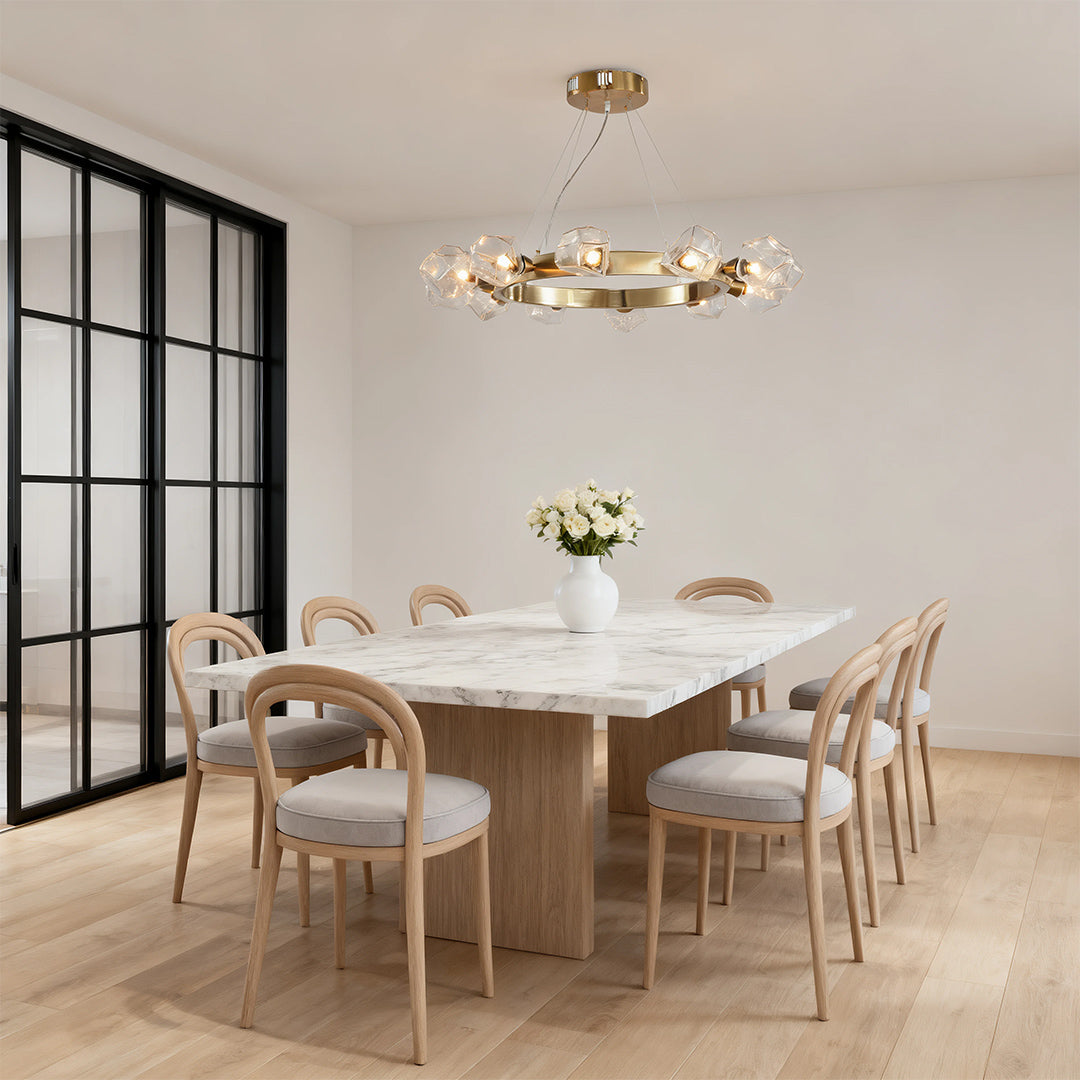 Polished Brass Ring Chandelier — Gold, Circular Geometric, Transparent Glass Shades, E12, 30.9" Diameter