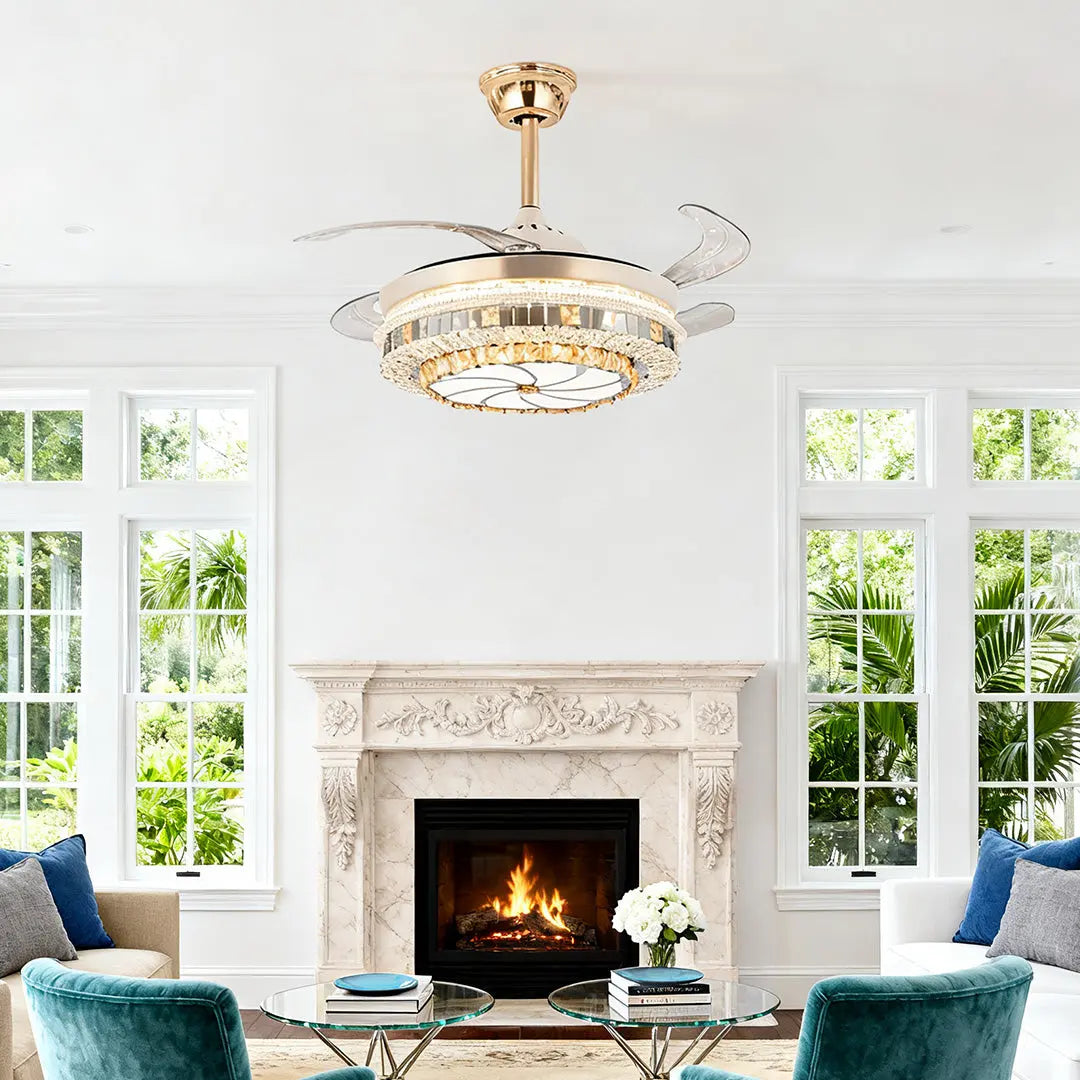 Gold 4-Blade Ceiling Fan with Crystal Light Design and Invisible Lamp Luxe