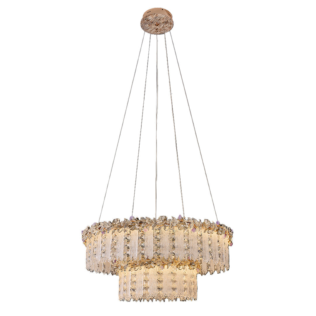 Minimalist French Crystal Chandelier — Champagne Gold Steel, Three-Color Dimming, 31.5" Adjustable Rope, Single- or Double-Layer