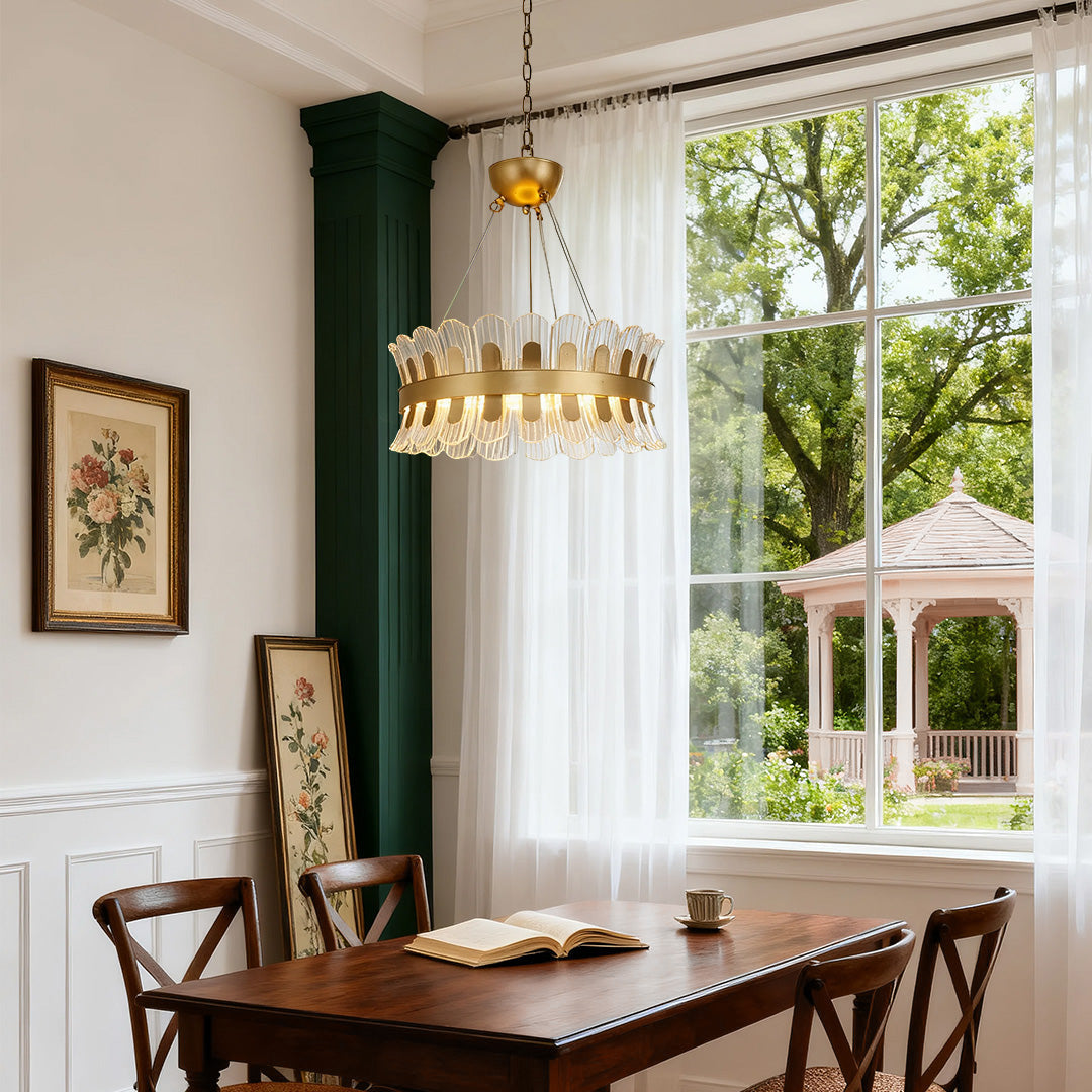 Round LED Chandelier — Gold-Plated Metal, Acrylic & Glass Shade, 25W 3000K, 23.6" Diameter, Adjustable Suspension