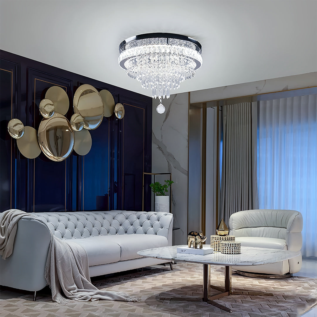 Round Crystal Flush-Mount Chandelier — Gold Stainless Steel, 55W LED, Four-Mode Dimming, 19.69"