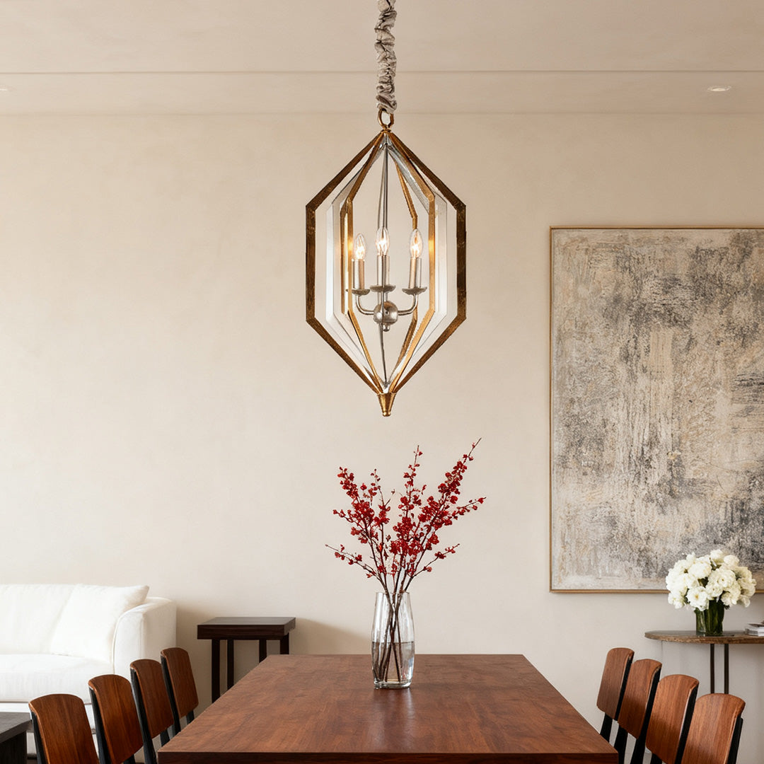 Rustic Open-Frame Pendant Light — Brown Metal, White Acrylic Shade, E12, Adjustable Chain