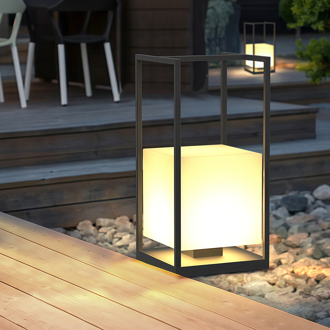 Contemporary Outdoor Lantern — Black Stainless Steel & Acrylic, LED, IP65, Solar or Plug-in, 2200mAh, Dusk-to-Dawn