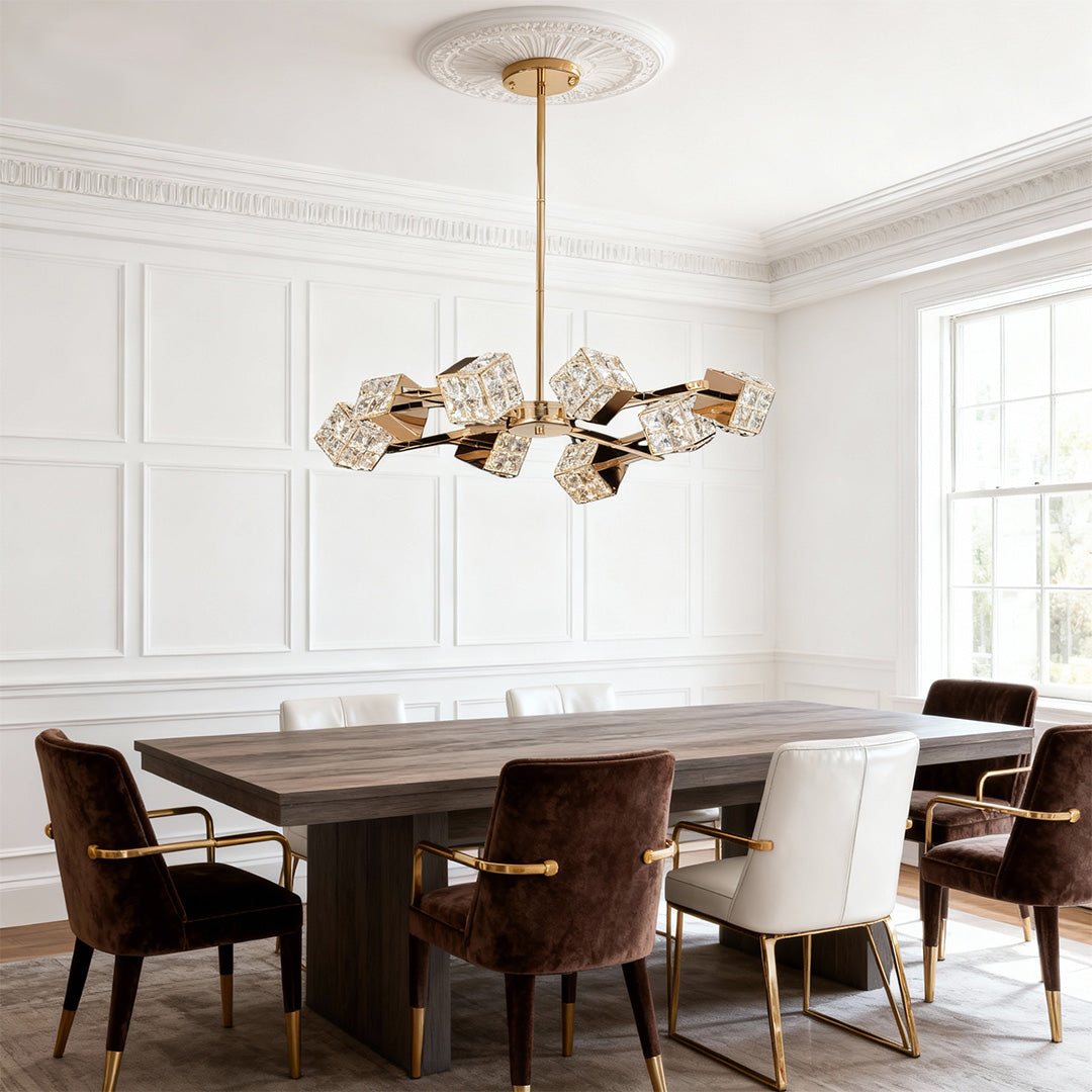 Cube Crystal Chandelier — Gold, LED, 3-Step Dimming, 6 to 15-Light Configurations