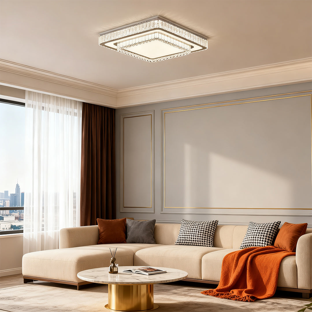 Modern Crystal Flush-Mount Light — Stainless Steel, Round/Square/Rectangle, 3-Step Dimming, LED