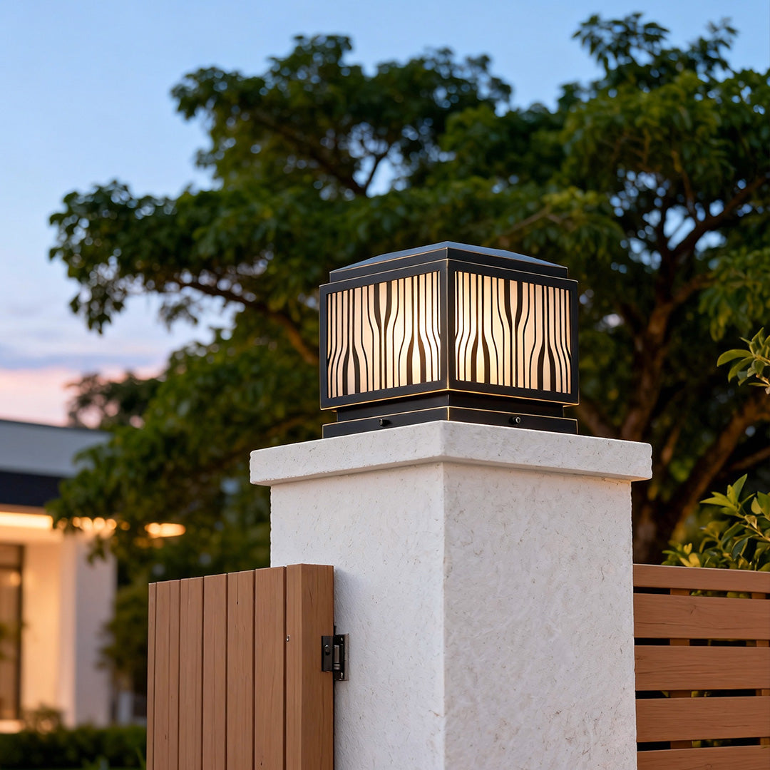 Minimalist Outdoor Solar Pillar Light — Full Copper, Wavy Stripe Glass Shade, E27, IP55, 9.84" Square