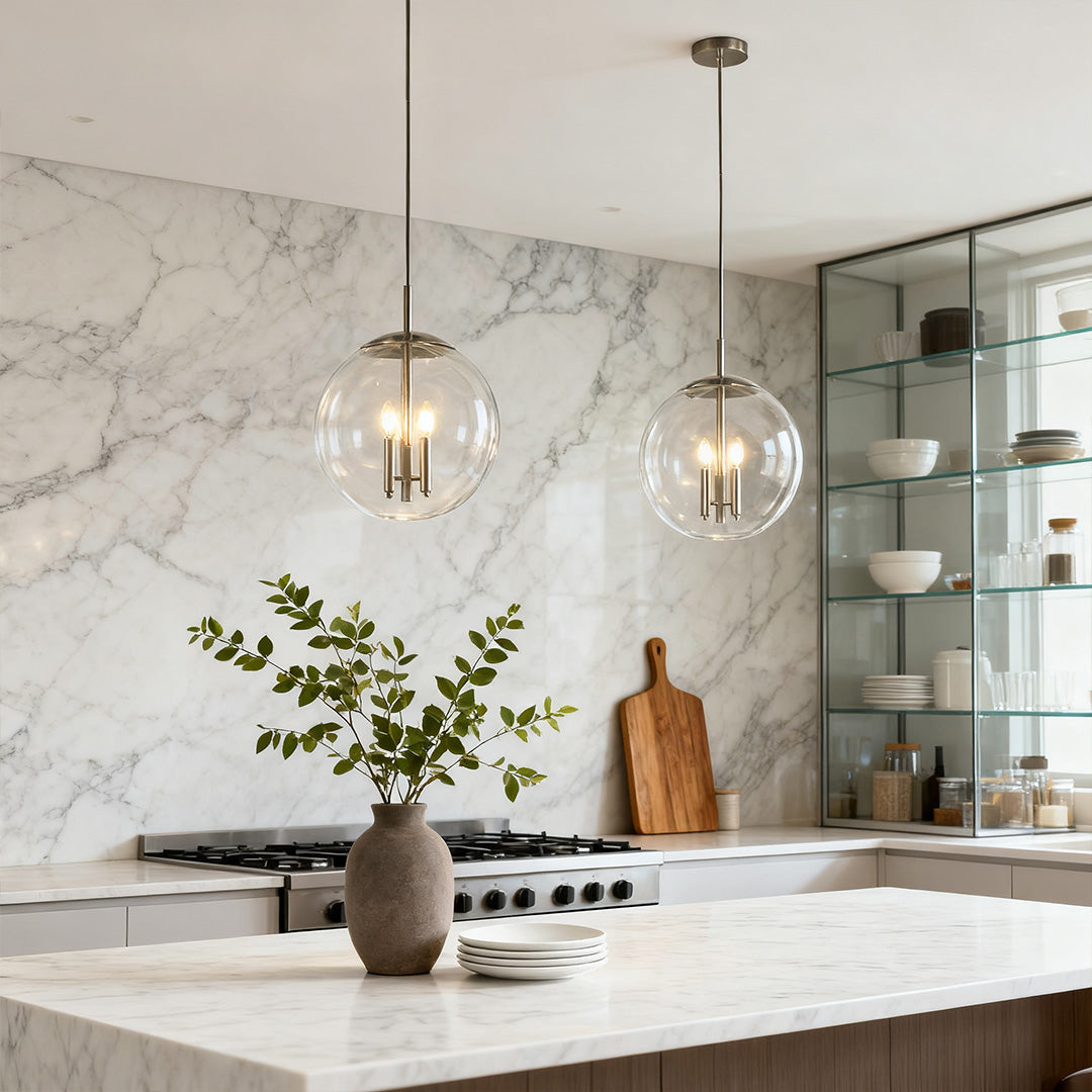 Glass Orb Pendant Light — Silver Metal, 2-Light, Adjustable Rod, E12, 16.9"