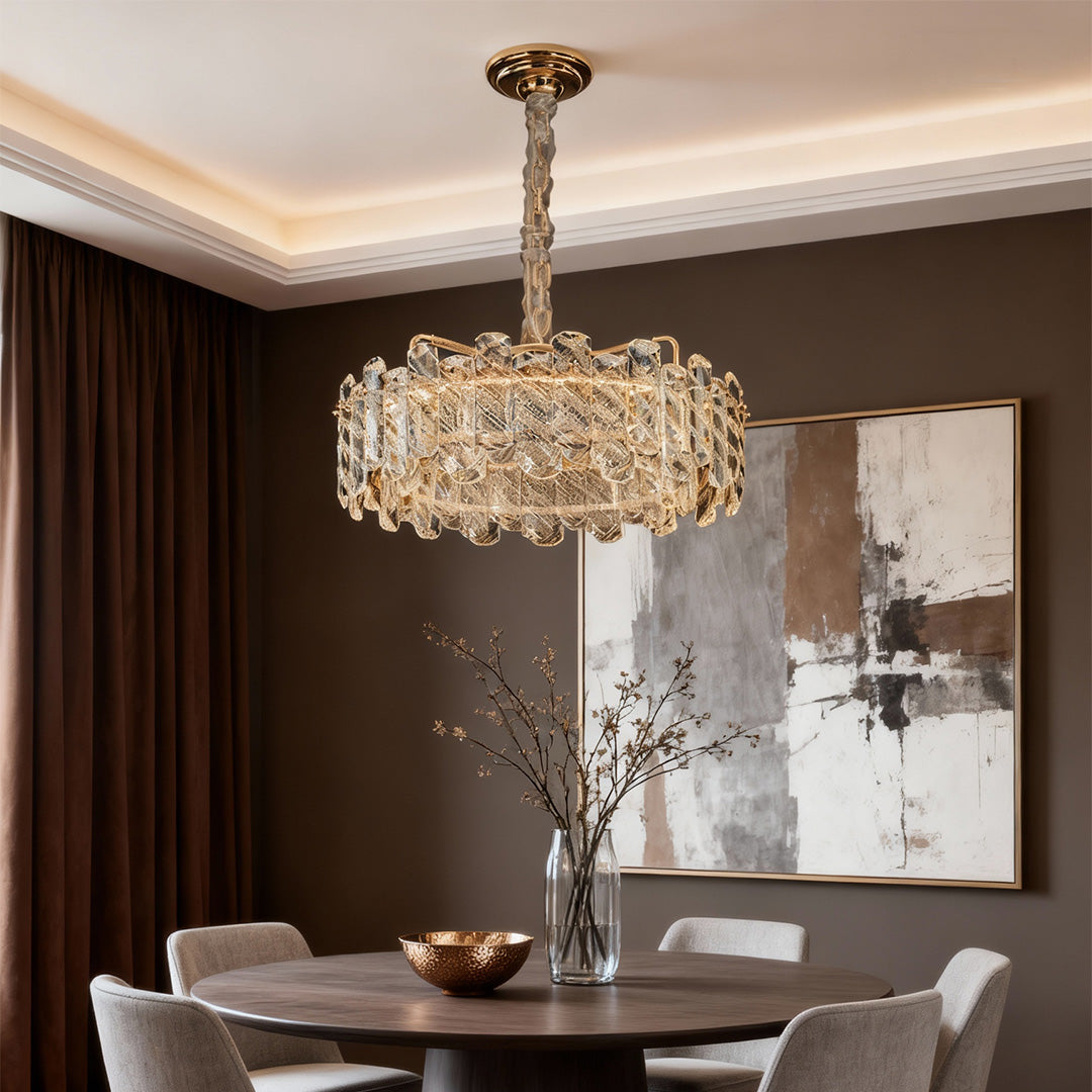 Crystal Chandelier — Champagne Gold Carbon Steel, LED, Dual-Color Dimming, Six Configurations, Adjustable 31.5" Cord