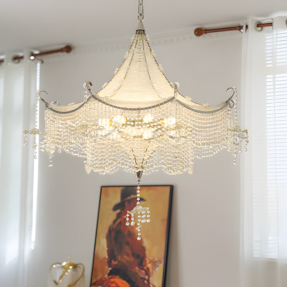 Pagoda Crystal Chandelier — Chrome, Two-Layer Crystal Tassels, 3-Step Dimming, 16" or 32"