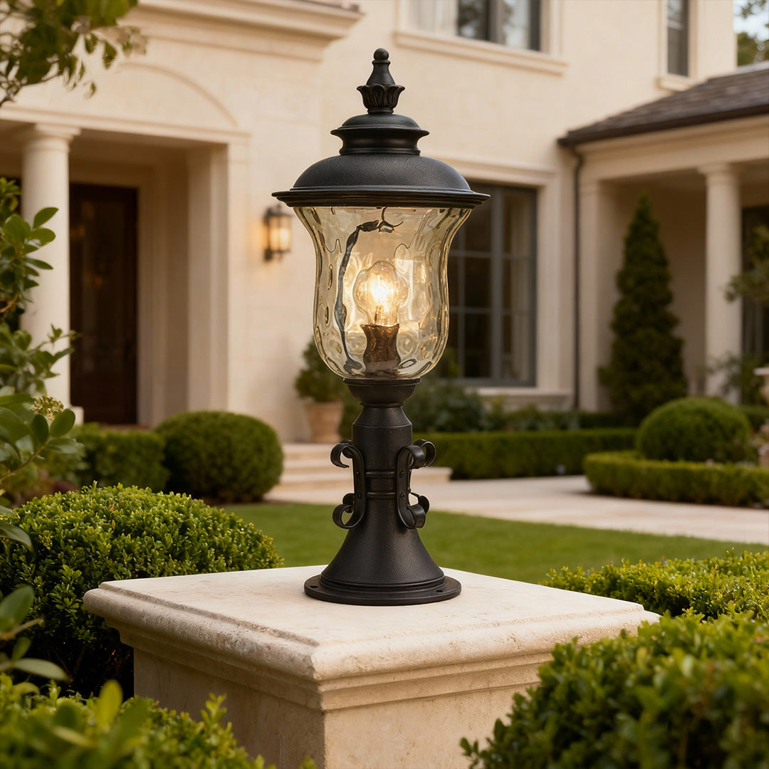 Classic Column Outdoor Pillar Gate Light — Sand-Black Aluminum, Clear Glass, 12W, IP44 Weatherproof
