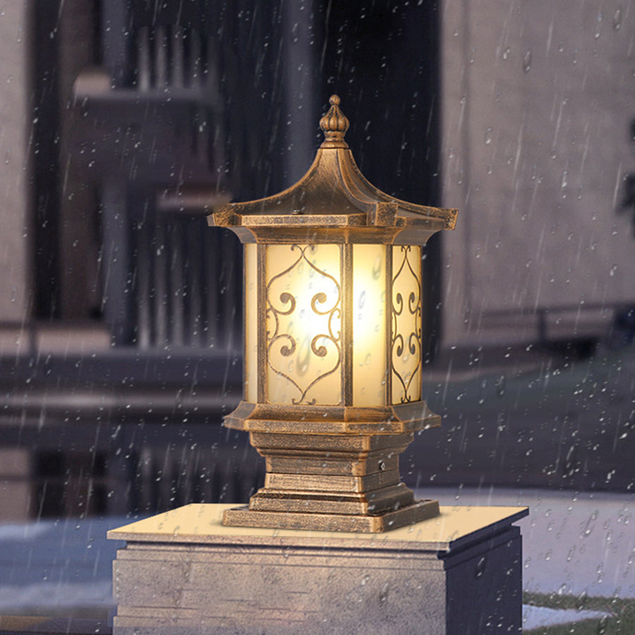 Retro Lantern Outdoor Gate Pillar Light — Die-Cast Aluminum, Frosted Glass, Solar or Hardwired, Black or Bronze