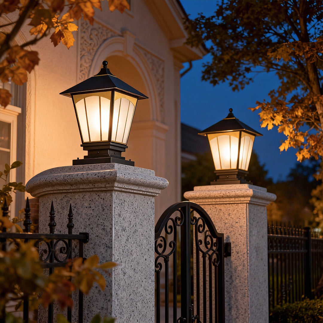 Outdoor Pillar Light — Solid Copper, Black & Gold Brushed Finish, Glass Shade, E27, IP55, 15.4"