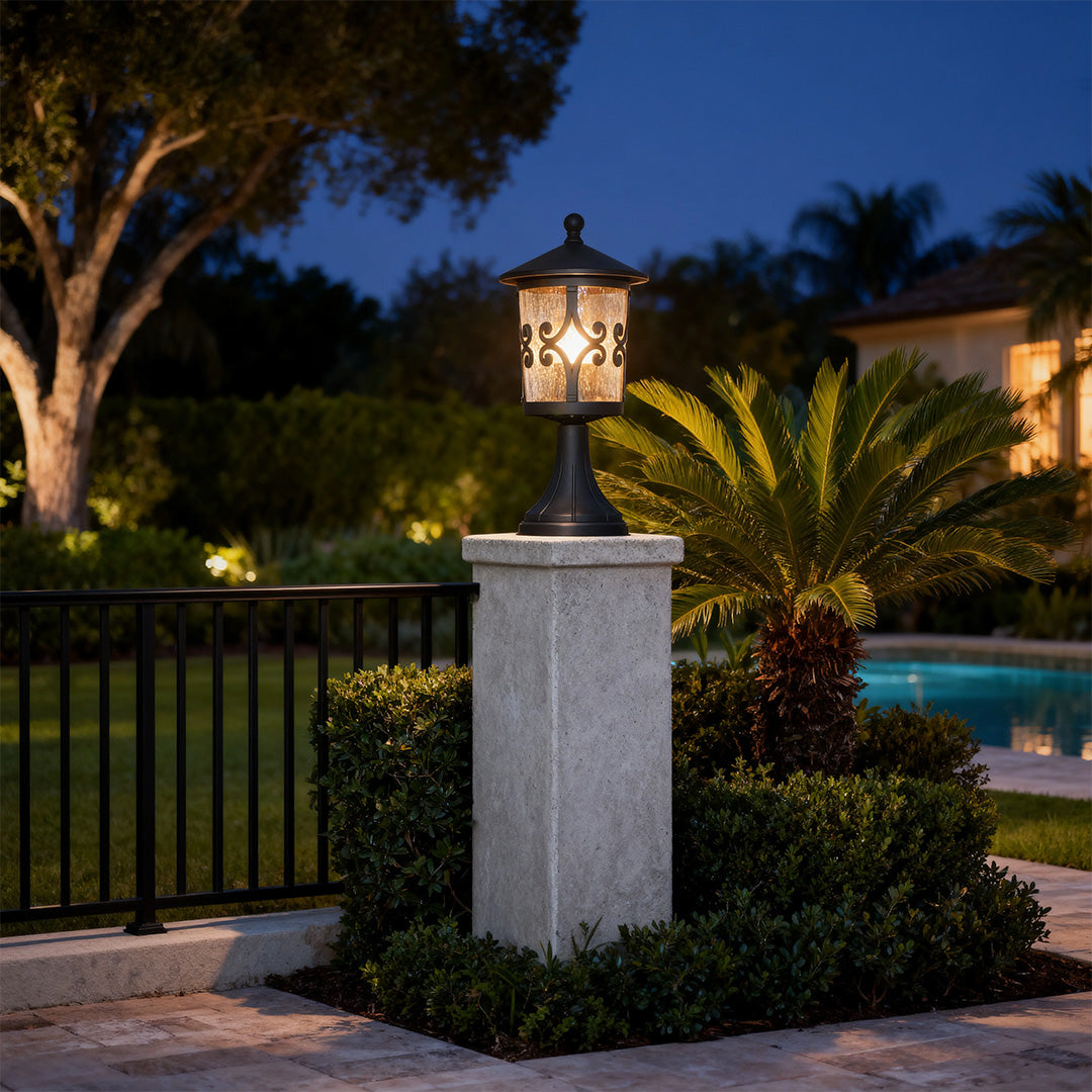 Classic Outdoor Pillar Light — Sand-Black Cast Aluminum and Glass, 9W E26, IP44, 3000K