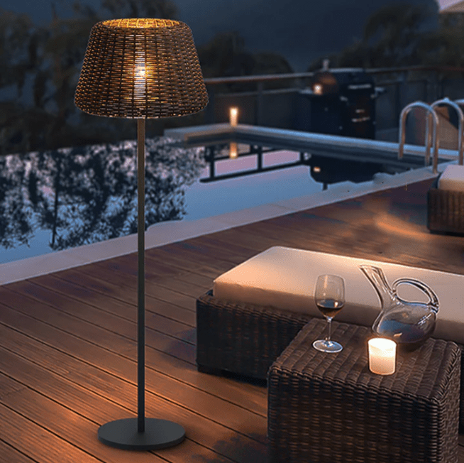 Rattan Dome Outdoor Floor Lamp — Stainless Steel, Open-Top Design, Stake Mount, LED, IP65, 5W