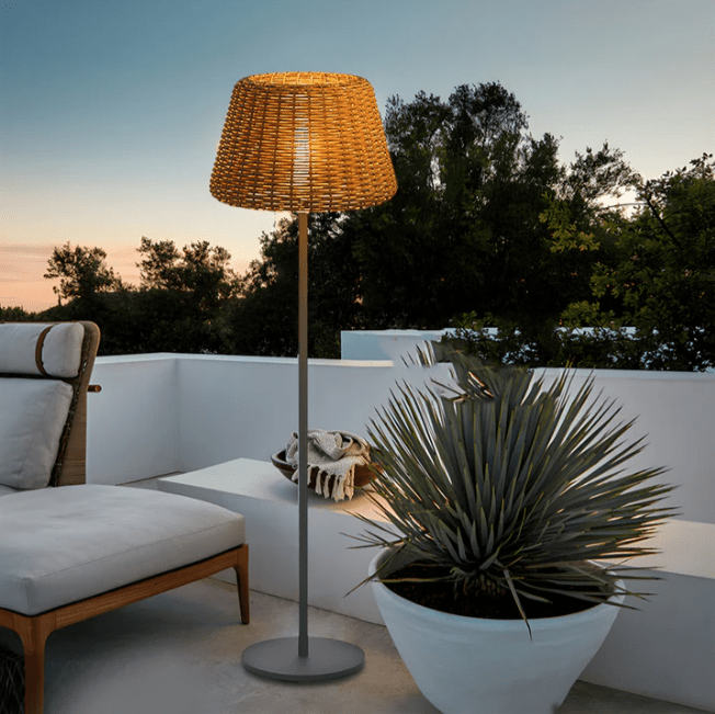 Rattan Dome Outdoor Floor Lamp — Stainless Steel, Open-Top Design, Stake Mount, LED, IP65, 5W