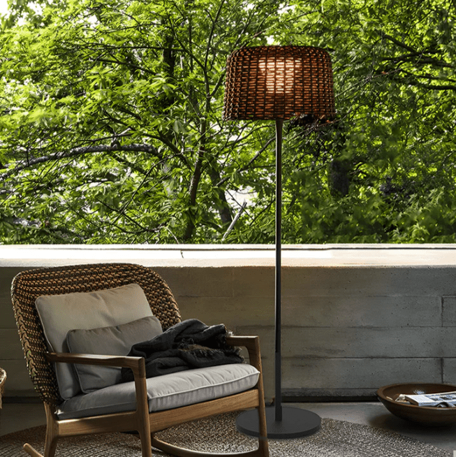 Rattan Dome Outdoor Floor Lamp — Stainless Steel, Open-Top Design, Stake Mount, LED, IP65, 5W