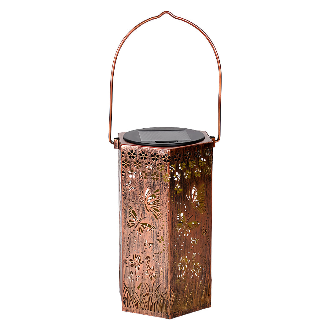 Hollow-Out Hexagonal Solar Outdoor Lantern — Copper-Red Wrought Iron, 0.5W Warm LED, IP44, 600mAh, Nature Motifs