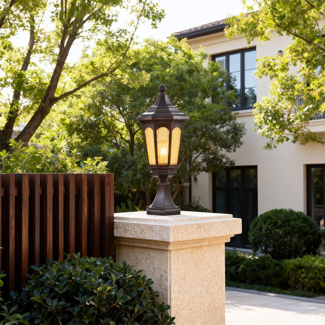 Retro Outdoor Pillar Light — Sand-Black Aluminum and Glass, 18W LED, E26, IP44, Hardwired, 26.18" H