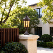 Retro Outdoor Pillar Light — Sand-Black Aluminum and Glass, 18W LED, E26, IP44, Hardwired, 26.18" H