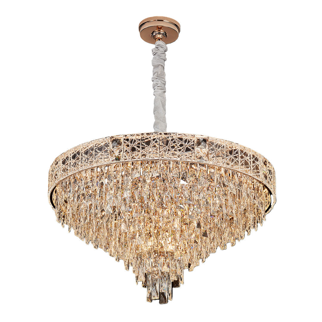 Luxury Crystal Chandelier — Champagne Gold Steel, Tri-Color Dimmable LED + E14, 4 Sizes (21.7"–37.4"), Adjustable Rope