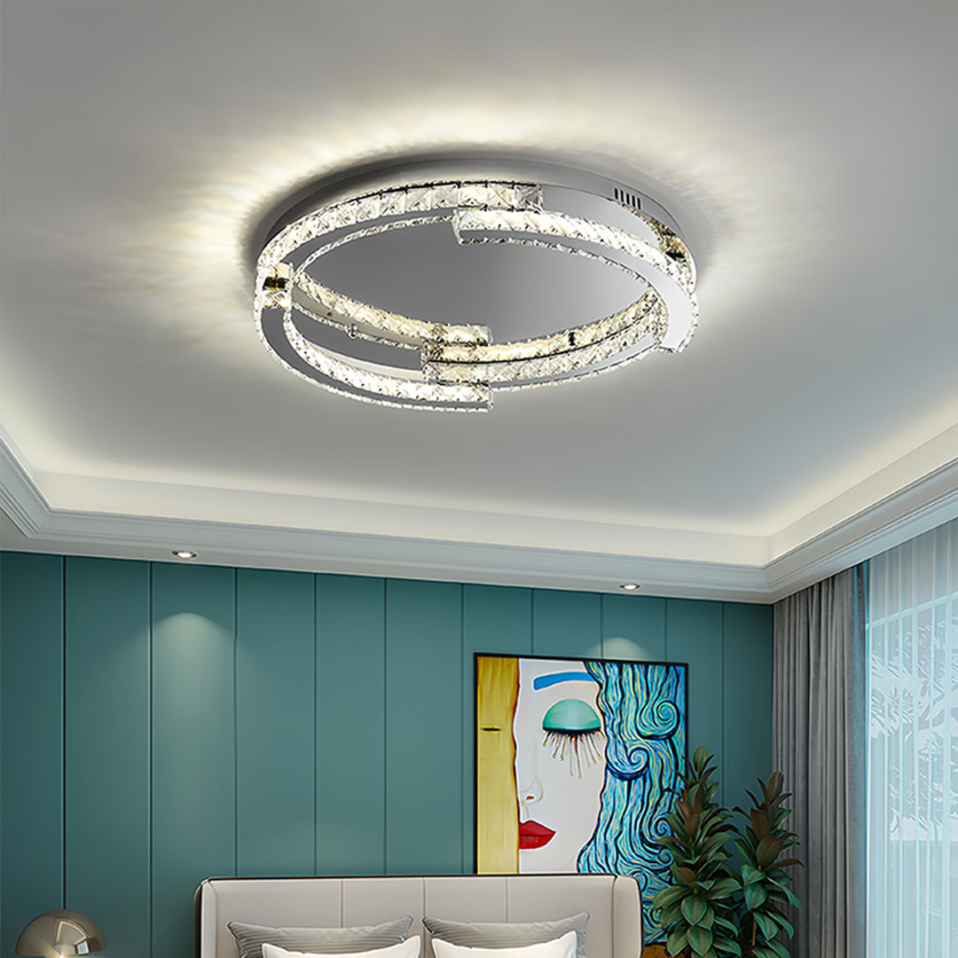 Round Crystal LED Flush Mount — Stainless Steel, Silver, 50W / 60W, Three-Color Dimming, CRI 95