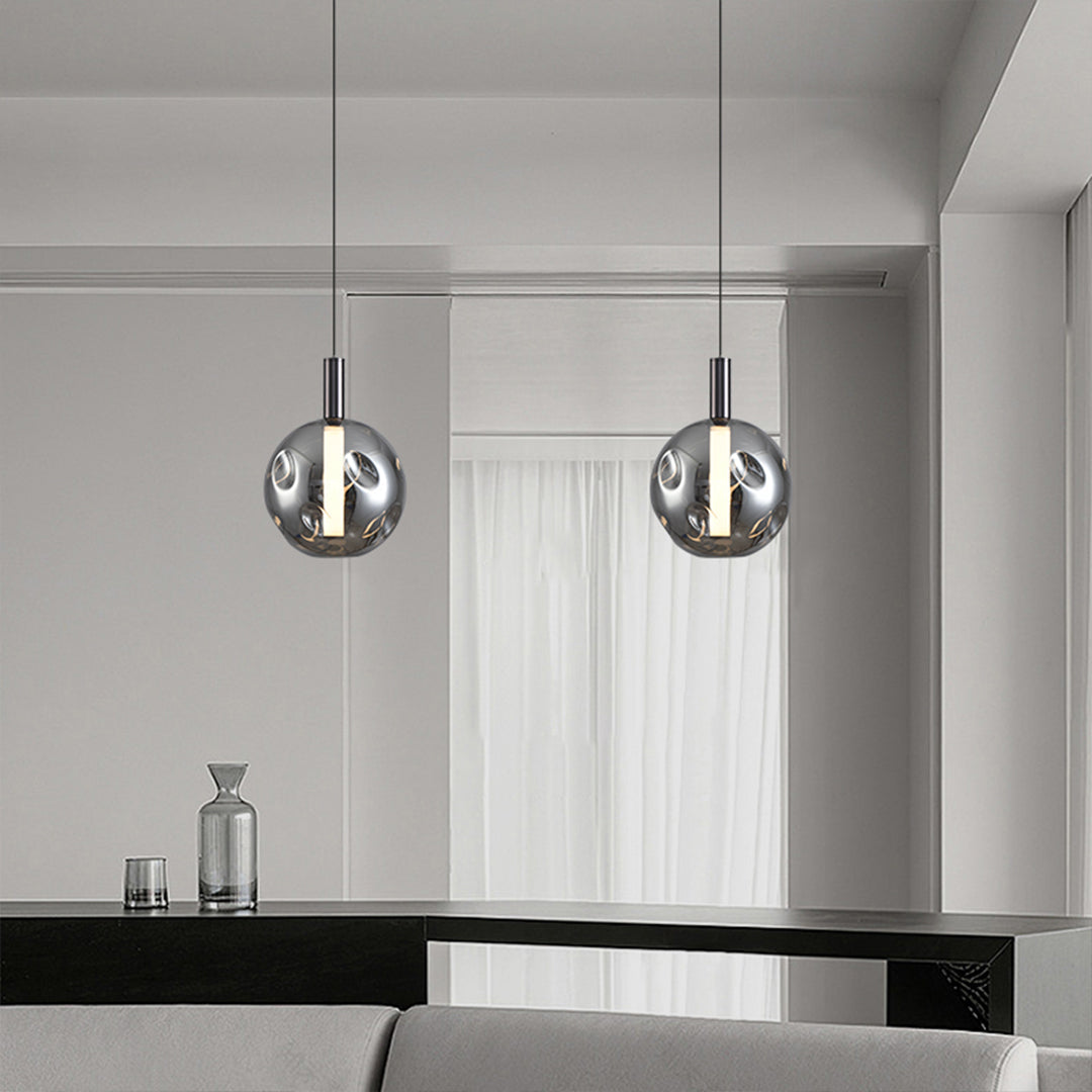 Minimalist Branch Drum Pendant Light — Wrought Iron, Smoke Grey Glass, Three-Color Dimming, Adjustable Chain