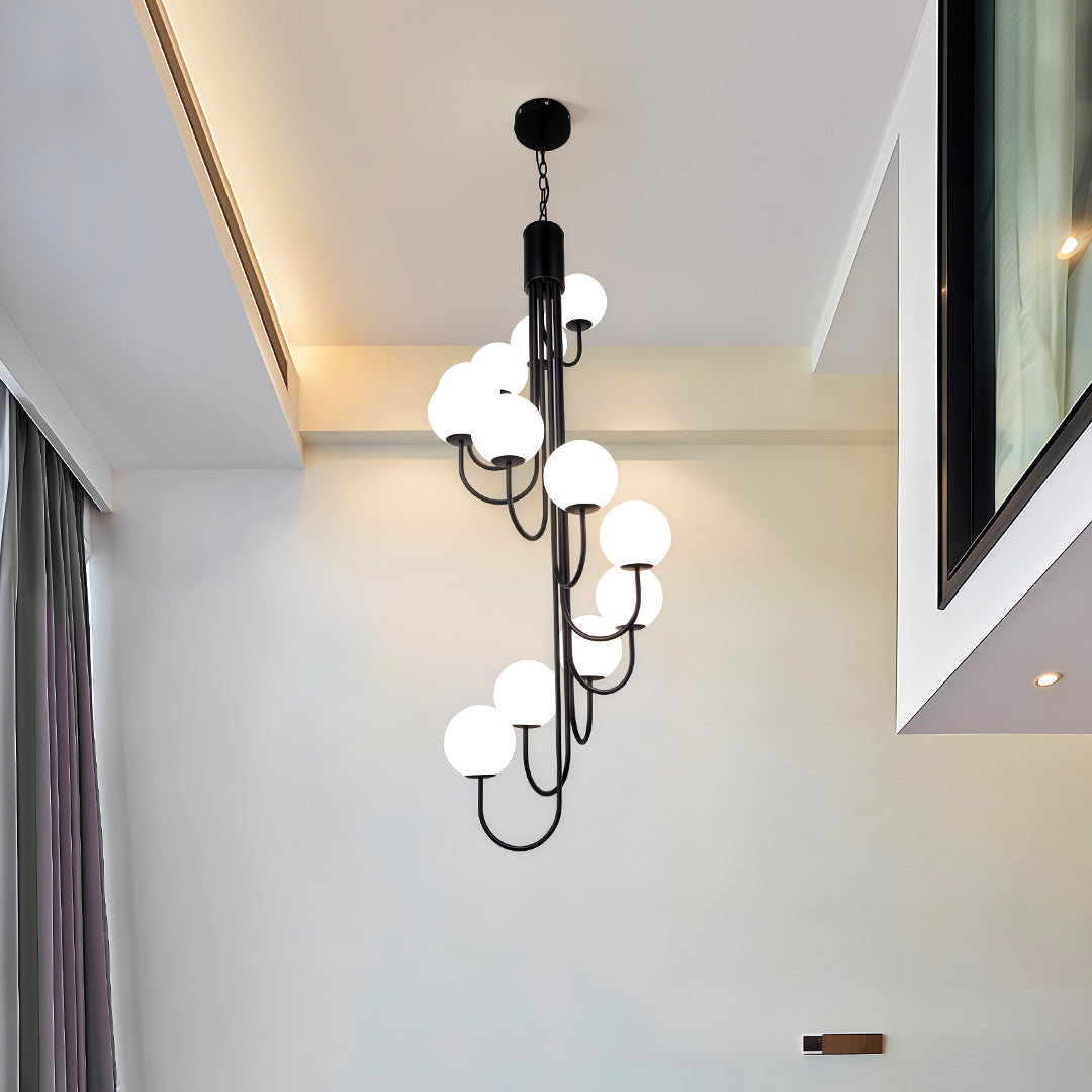 Spiral Globe Chandelier — Wrought Iron and Glass, 8- or 12-Light, Gold or Black, 3-Step Dimming, E14