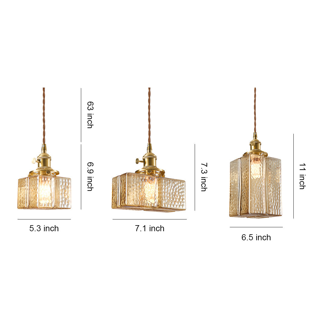 Vintage Brass and Glass Square Mini Pendant — Japandi Zen, Amber or Clear Glass, 3-Step Dimming, 2-Meter Adjustable Cord