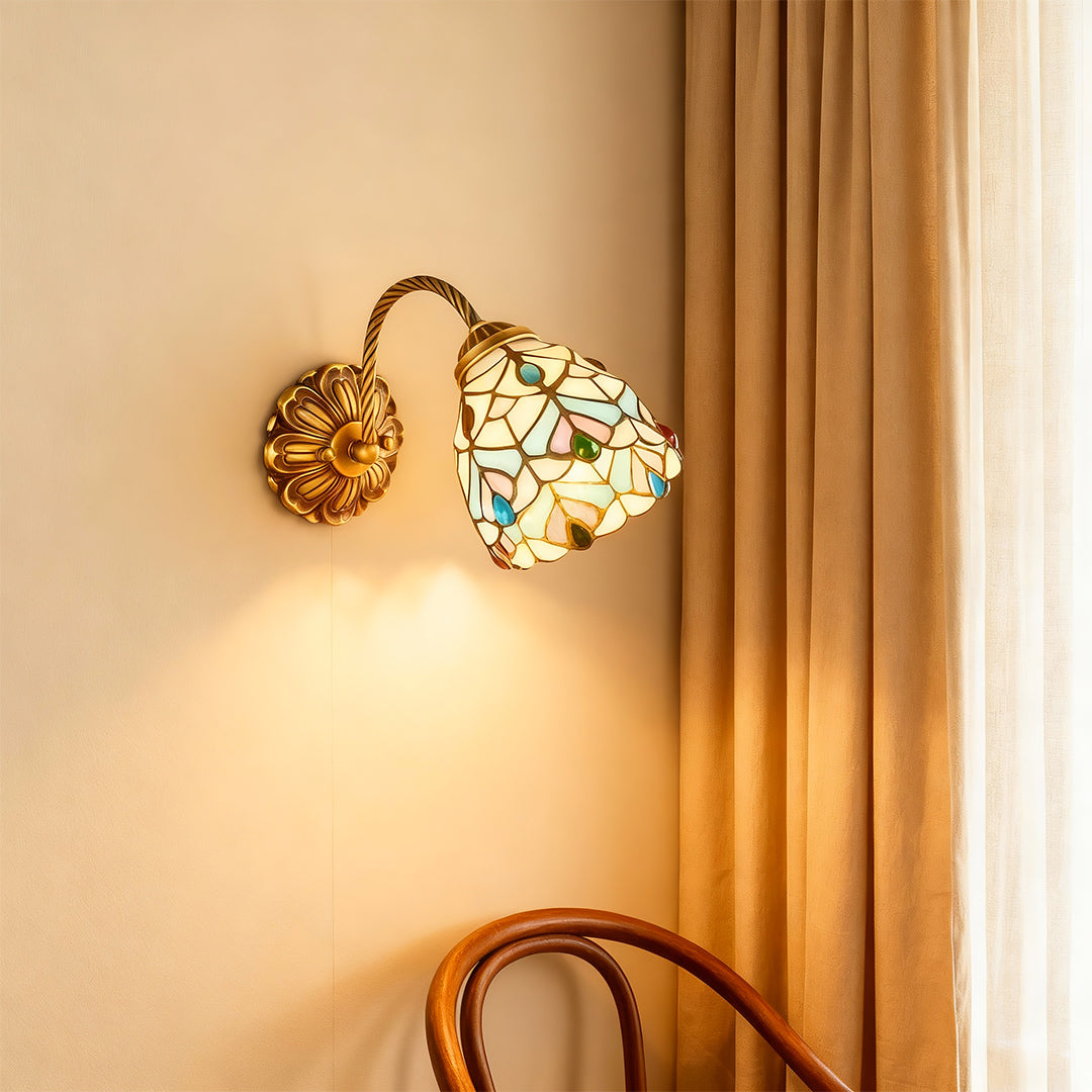 Stained Glass Wall Sconce — Brass with Copper Finish, E27, 12.2" W, Vintage Country