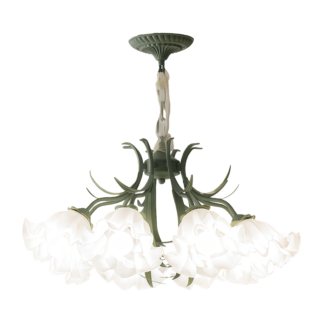 Lily-of-the-Valley Flower Chandelier — Green Iron, 8-Light, Three-Color Dimming, E27, 25.59" Wide