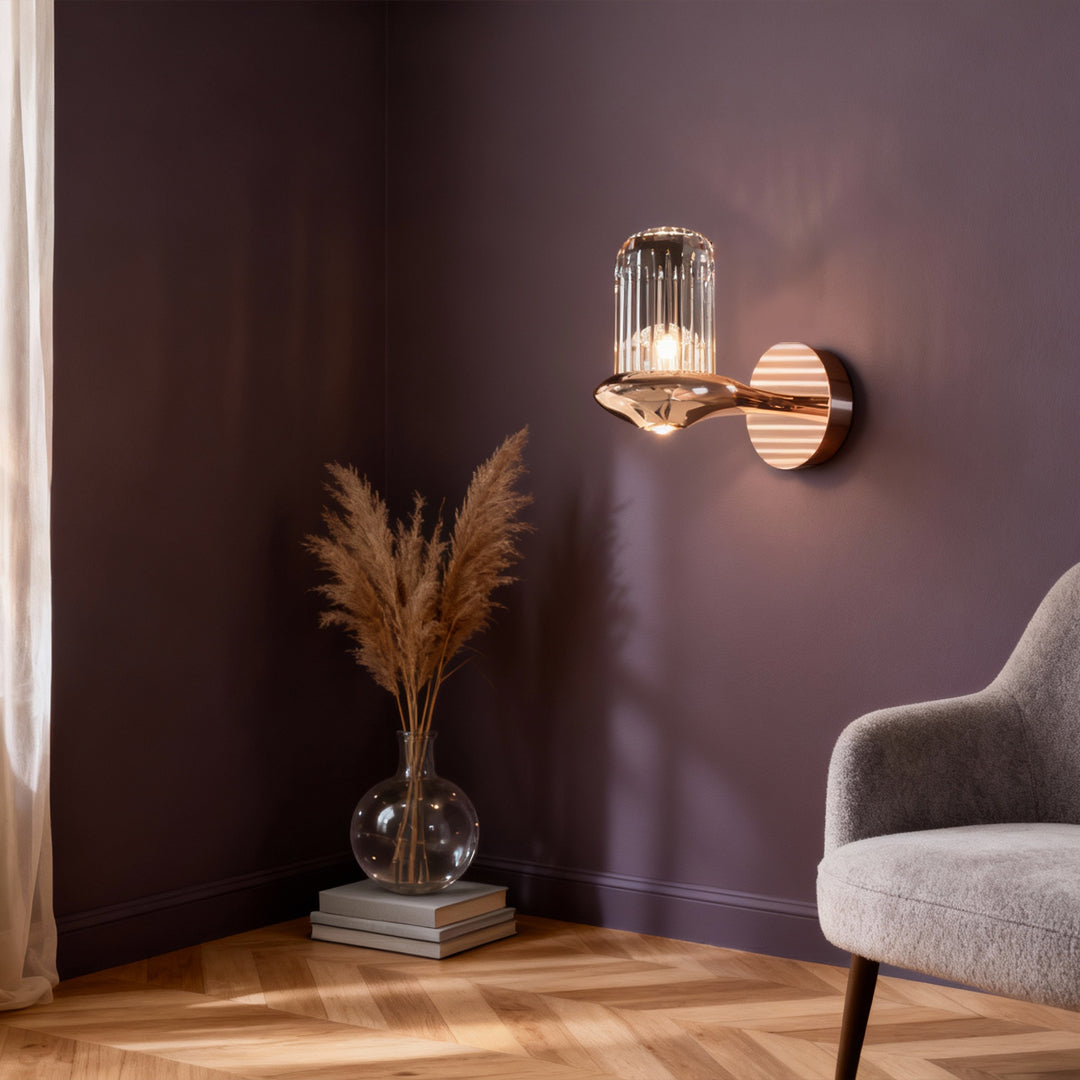 Minimalist Crystal Wall Sconce — Copper, Gold Finish, LED, Three-Color Dimming (3000K/4500K/6000K), Single or Double Head