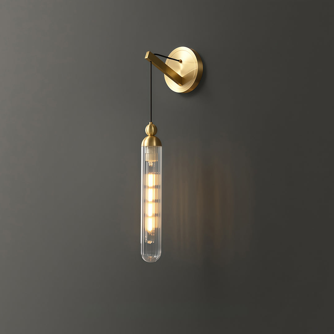 Minimalist Brass Wall Sconce — Full Brass Frame, Transparent Glass Shade, E14, Hardwired