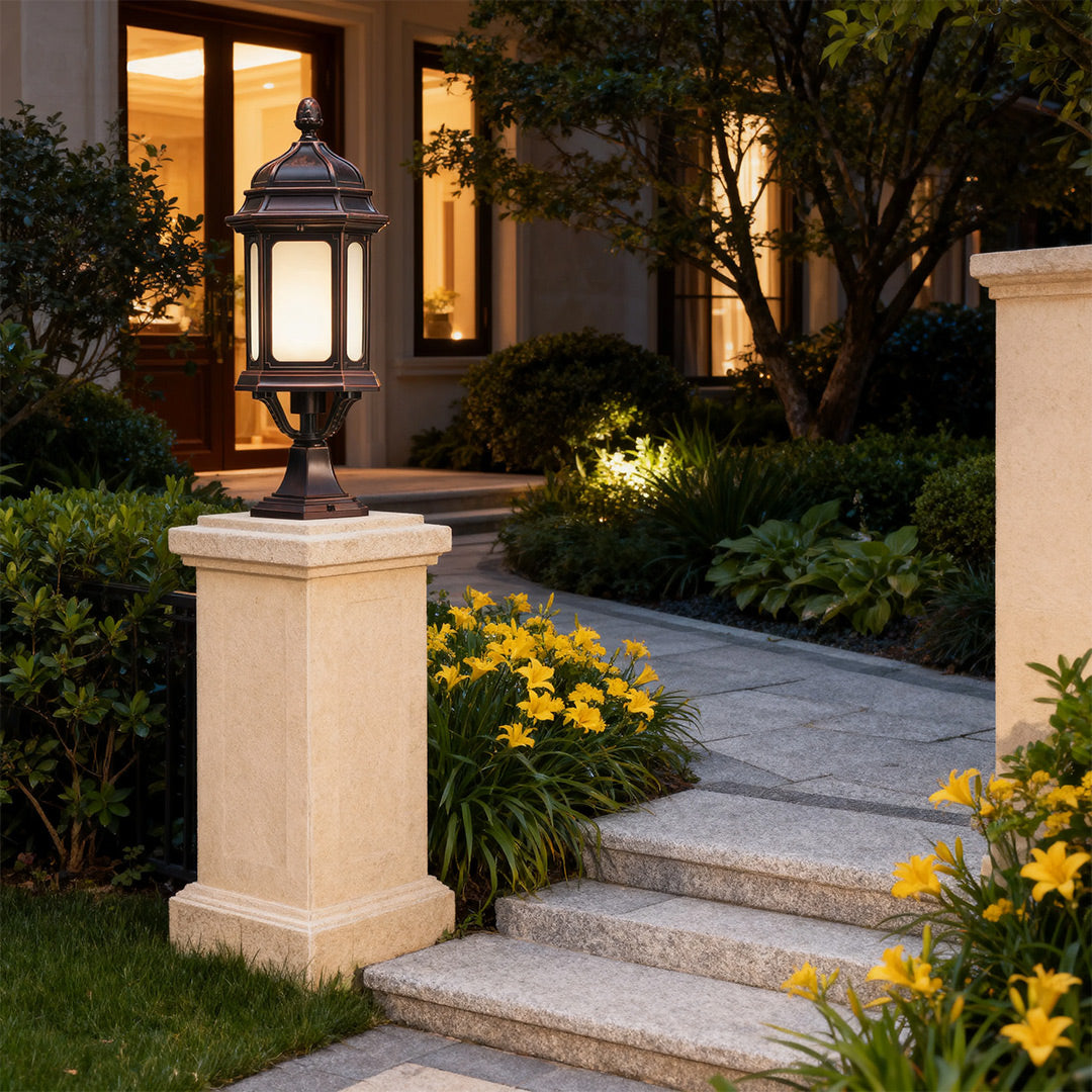 European Classic Outdoor Patio Pillar Light — Coffee Aluminum, Transparent Glass, 9W E26 LED, IP44, Hardwired