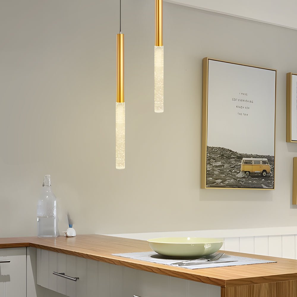 Elongated Cylinder Bubble Mini Pendant — Gold Aluminum, 12W LED, 3-Step Dimming (3000K/4500K/6000K)