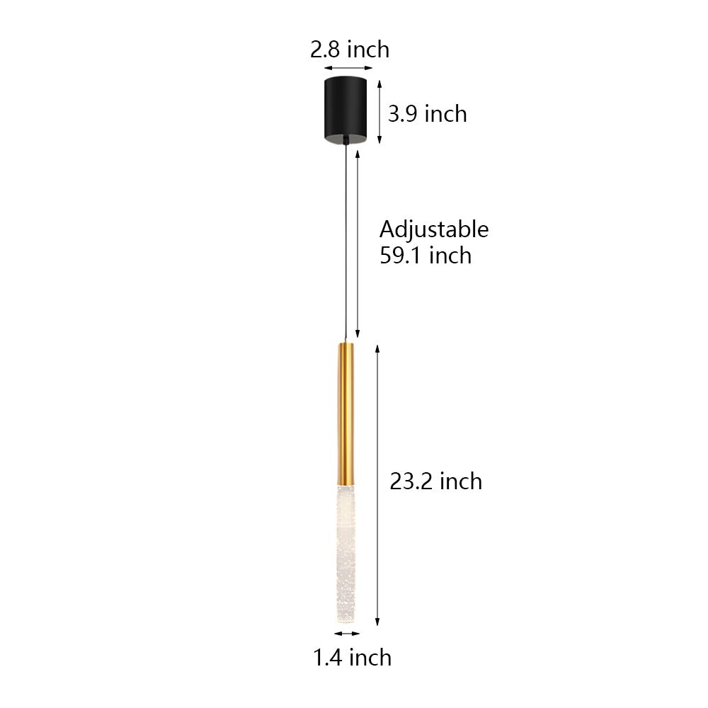 Elongated Cylinder Bubble Mini Pendant — Gold Aluminum, 12W LED, 3-Step Dimming (3000K/4500K/6000K)