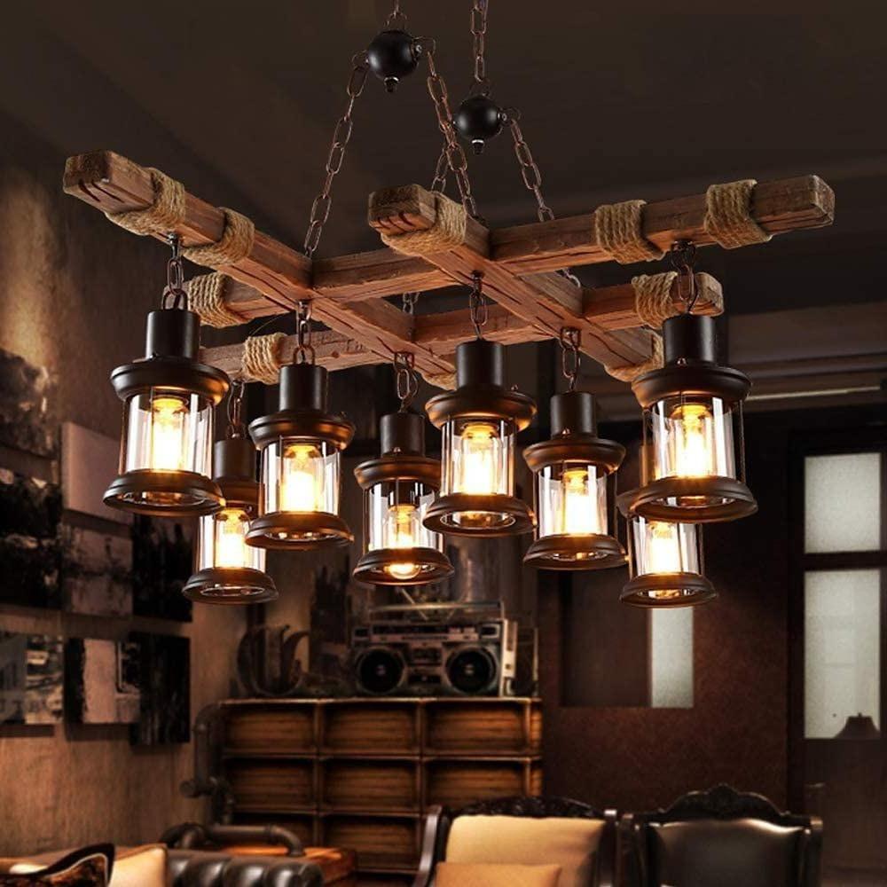 Vintage Farmhouse Geometric Chandelier — Wood and Glass, 39" Adjustable Cord, LED-Compatible