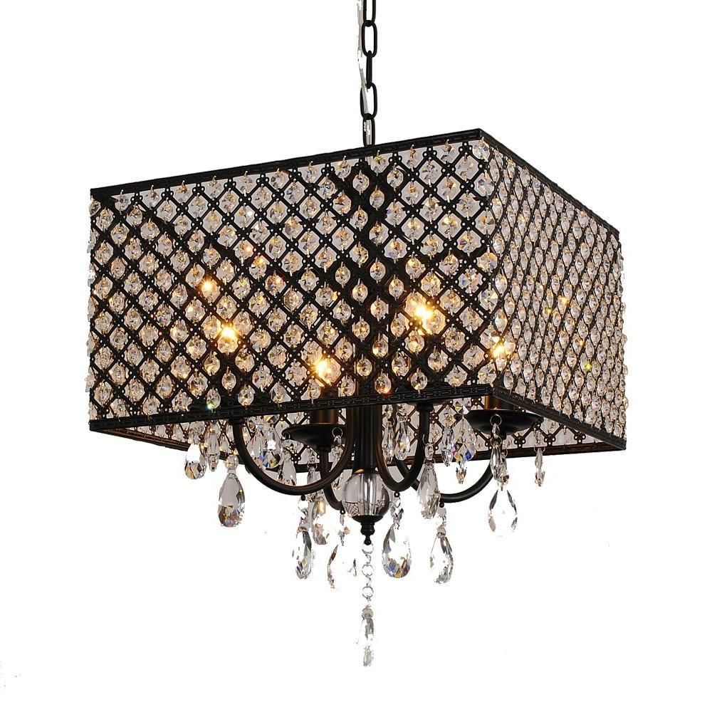Square Electroplated Metal and Glass LED Chandelier — Chrome / Black, 16" Modern
