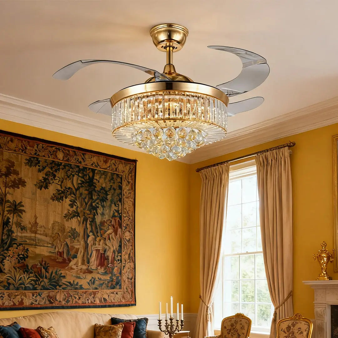 Luxury European-Style Crystal Ceiling Fan with Lights in Gold Iron Luxe