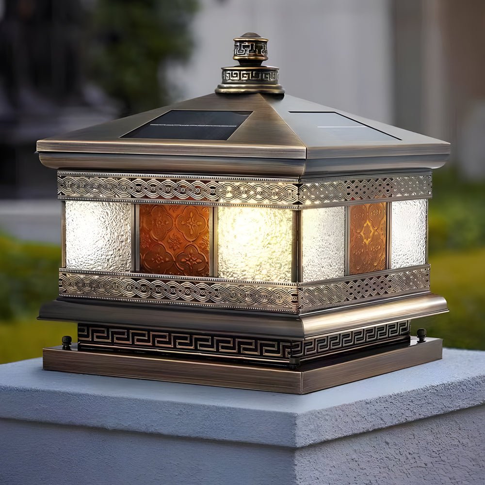 Square Outdoor Pillar Light — Copper with Glass Shade, Bronze Finish, Hardwired / Solar, E27, 3000K