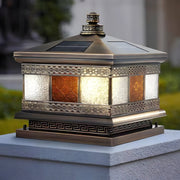 Square Outdoor Pillar Light — Copper with Glass Shade, Bronze Finish, Hardwired / Solar, E27, 3000K