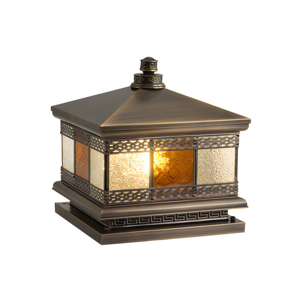 Square Outdoor Pillar Light — Copper with Glass Shade, Bronze Finish, Hardwired / Solar, E27, 3000K