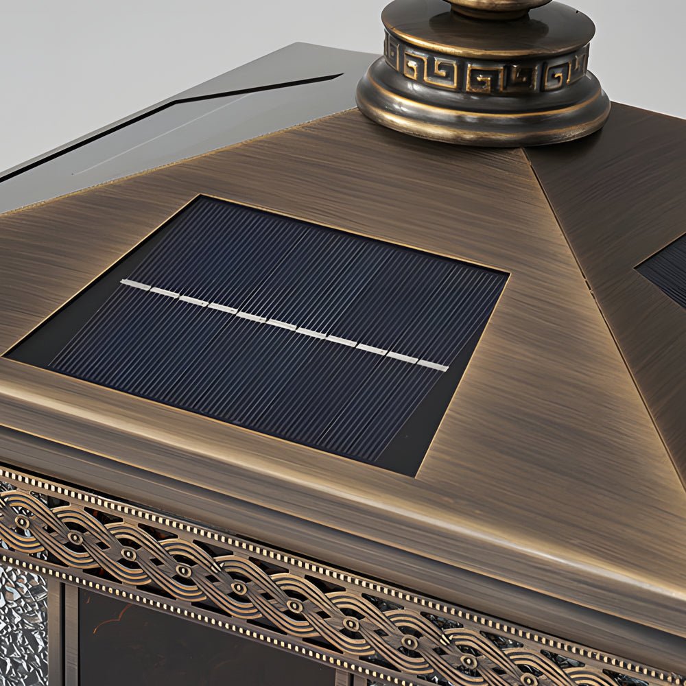 Square Outdoor Pillar Light — Copper with Glass Shade, Bronze Finish, Hardwired / Solar, E27, 3000K
