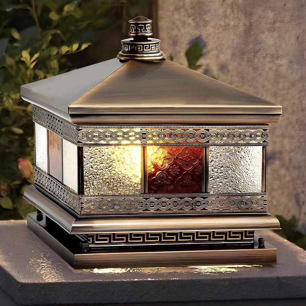 Square Outdoor Pillar Light — Copper with Glass Shade, Bronze Finish, Hardwired / Solar, E27, 3000K