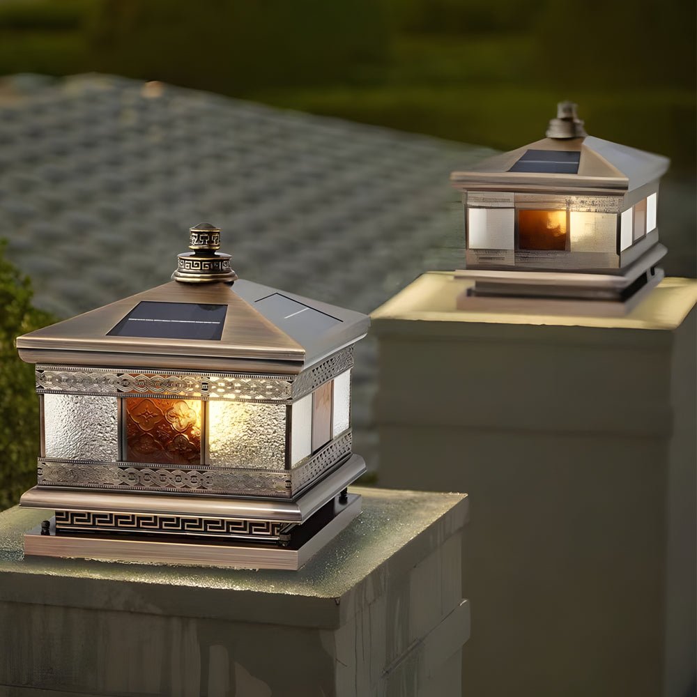 Square Outdoor Pillar Light — Copper with Glass Shade, Bronze Finish, Hardwired / Solar, E27, 3000K