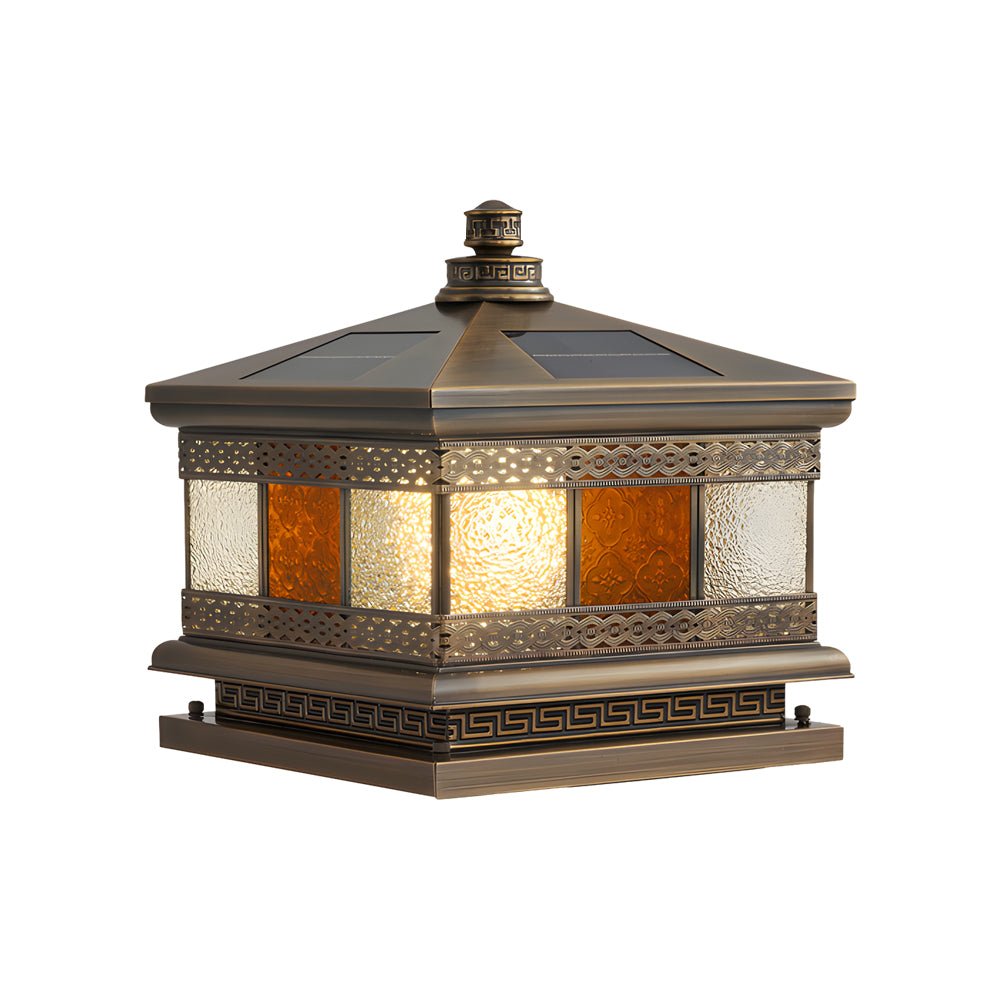 Square Outdoor Pillar Light — Copper with Glass Shade, Bronze Finish, Hardwired / Solar, E27, 3000K