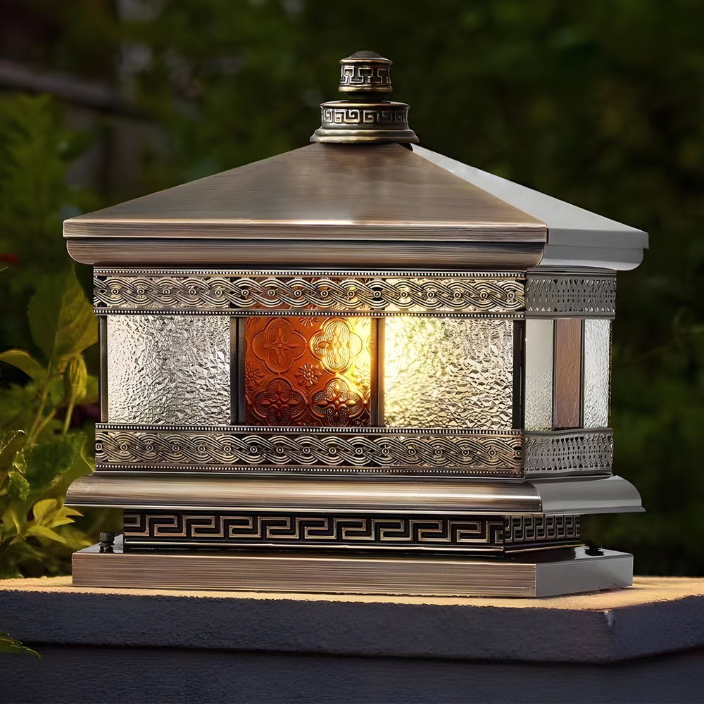 Square Outdoor Pillar Light — Copper with Glass Shade, Bronze Finish, Hardwired / Solar, E27, 3000K